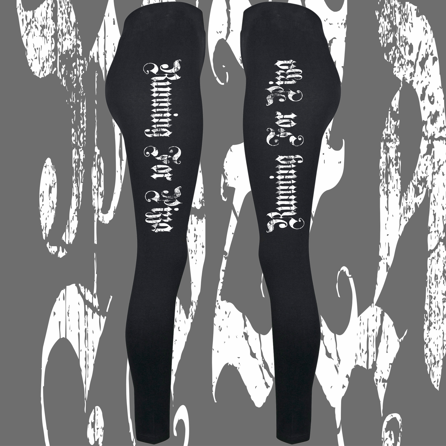 Women's running leggings black with white print right and lest side