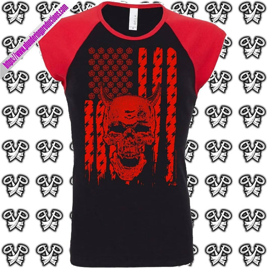 Women's Capped Sleeve Raglan T-shirt. Colour Black and Red.