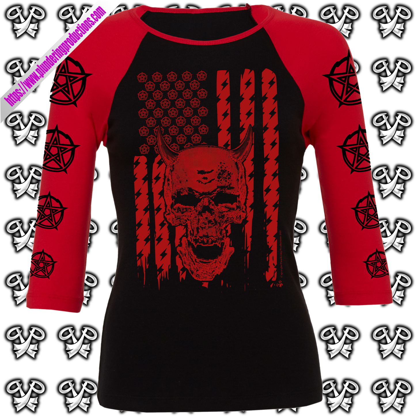 Women's three quarter sleeve raglan t-shirt. Colour Black and Red