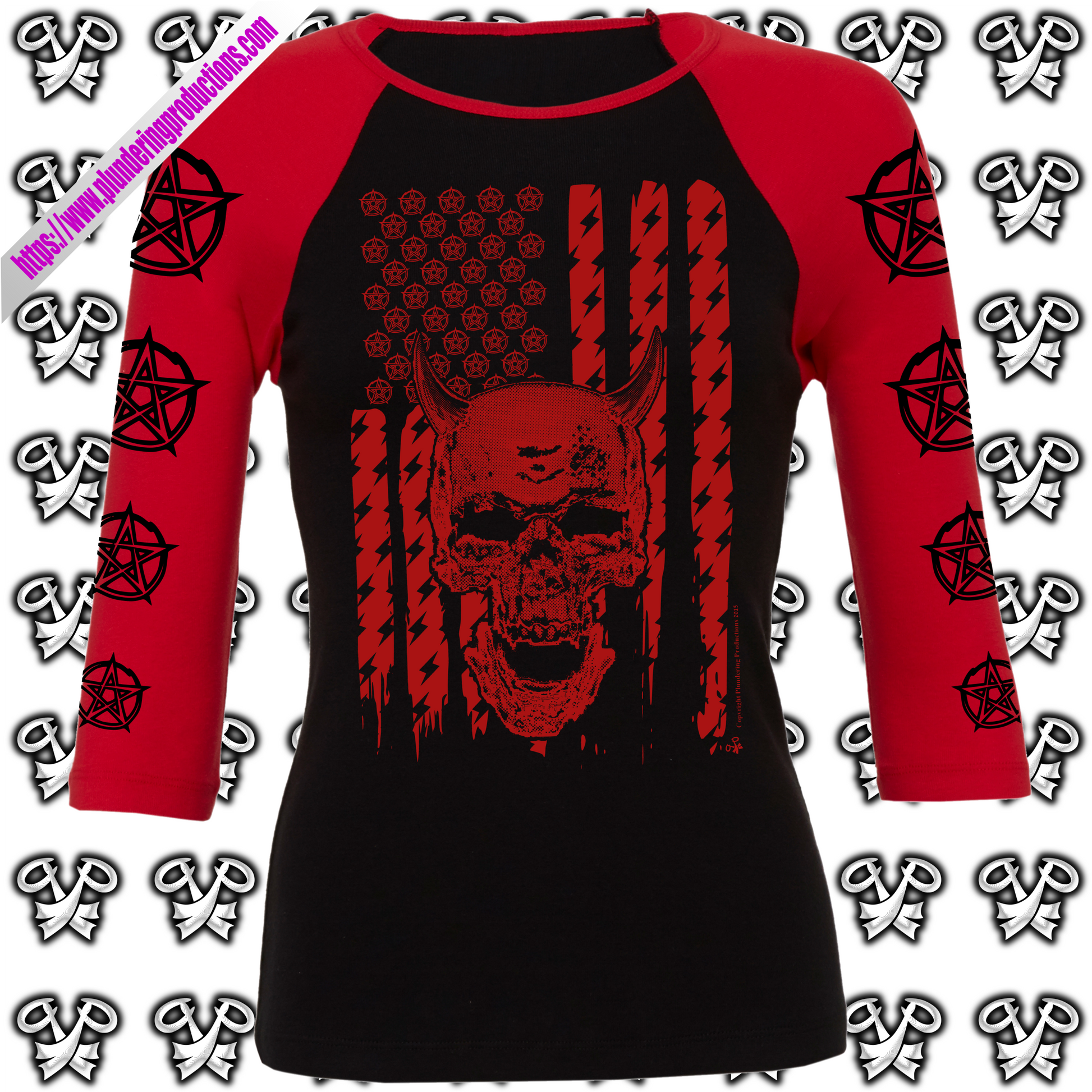 Women's three quarter sleeve raglan t-shirt. Colour Black and Red