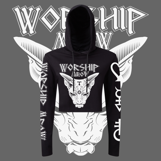 Worship Meow Cropped Hooded Long Sleeve T-Shirt