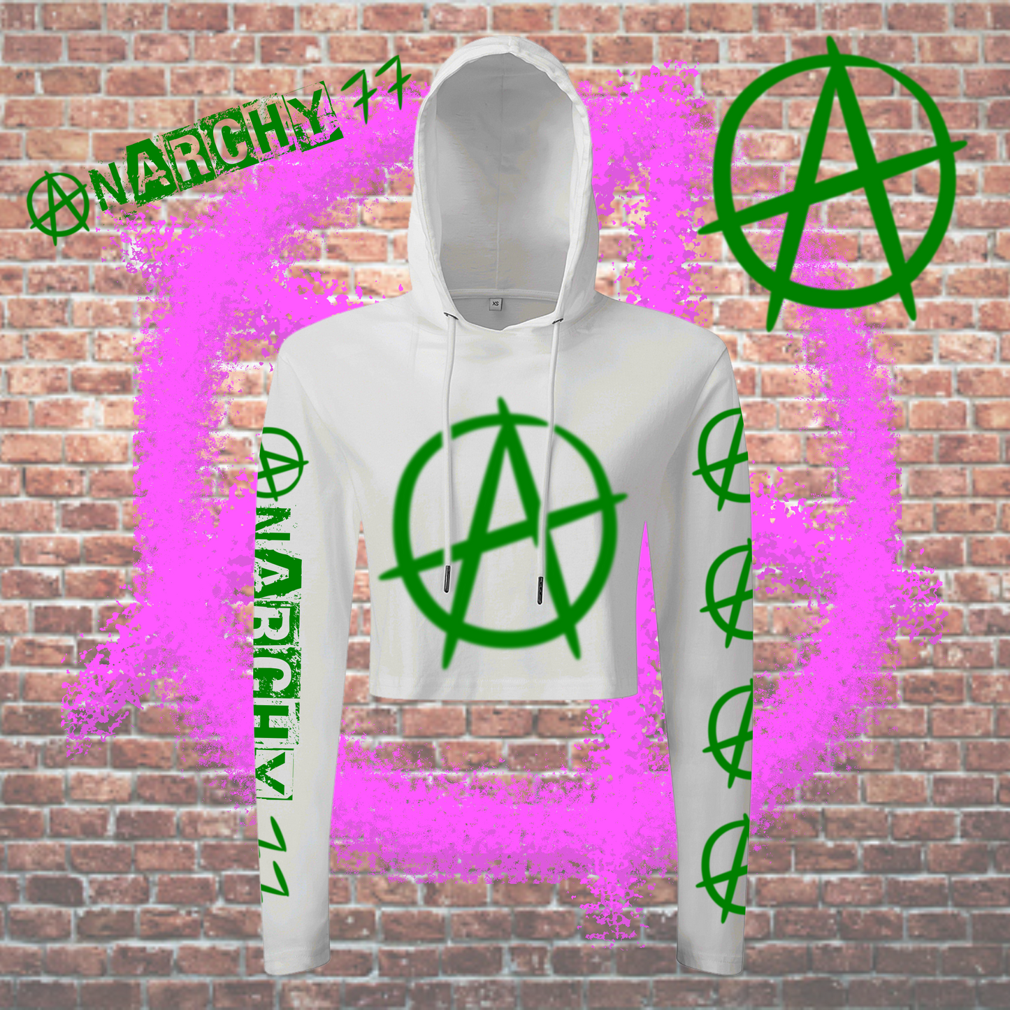 Anarchy 77 Cropped Hooded Long Sleeve T-Shirt green print