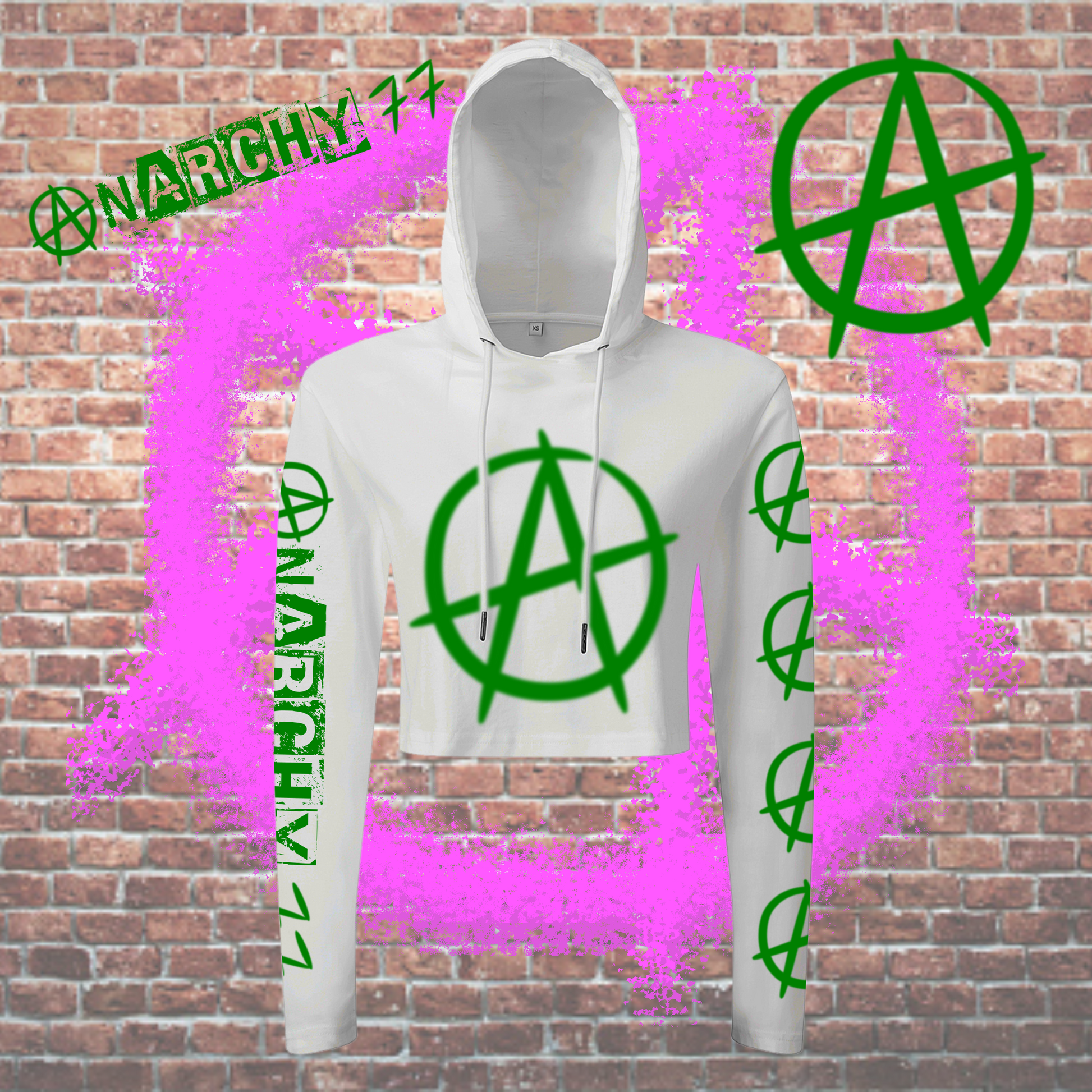 Anarchy 77 Cropped Hooded Long Sleeve T-Shirt green print